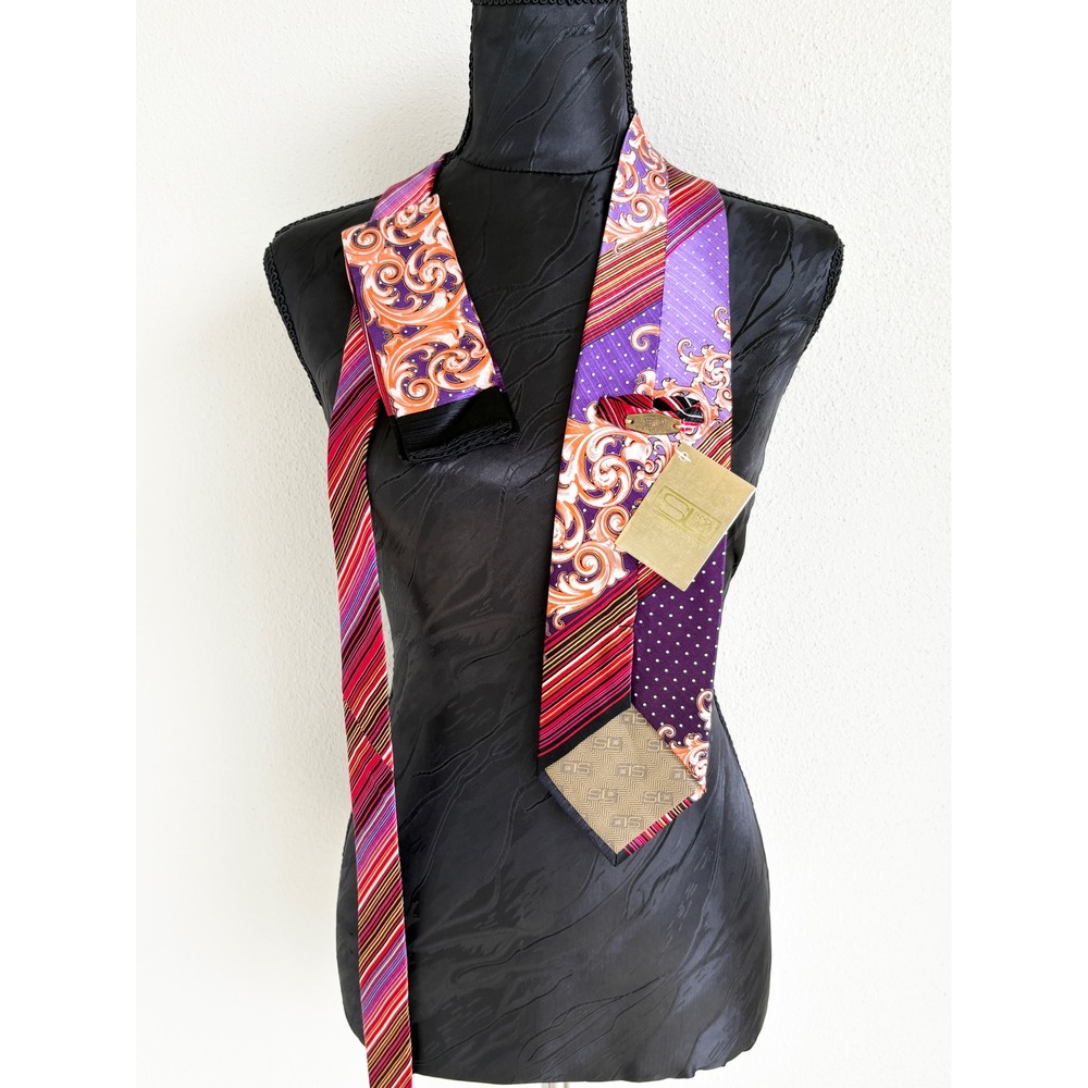 Sevenland Necktie Baroque Striped Polka Dot Silk, Mens OS Purple Orange Red